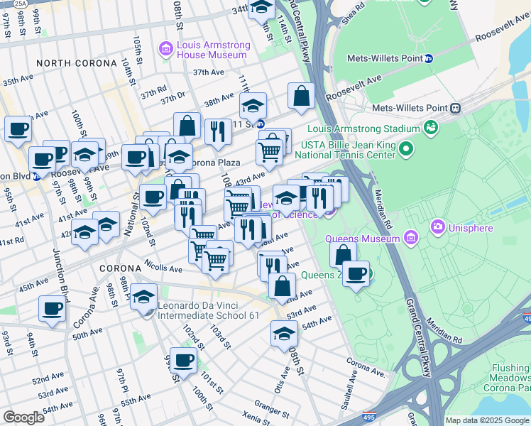 map of restaurants, bars, coffee shops, grocery stores, and more near 108-36 46th Avenue in Queens