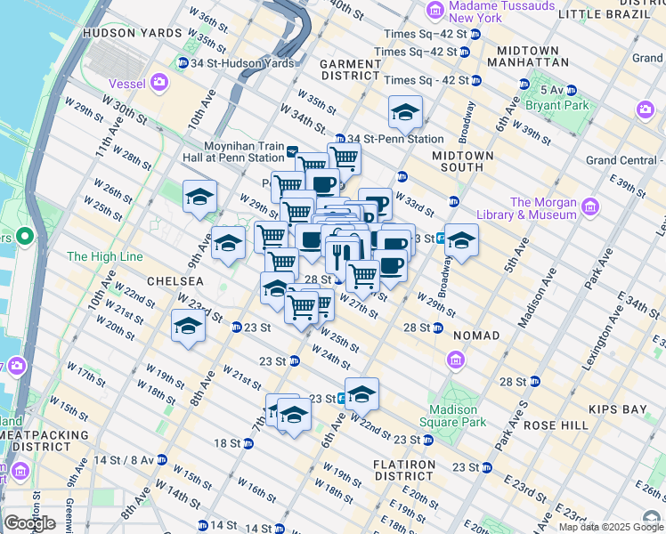 map of restaurants, bars, coffee shops, grocery stores, and more near 205 West 28th Street in New York