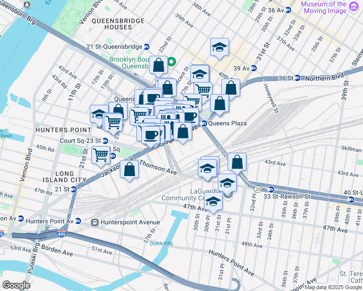 map of restaurants, bars, coffee shops, grocery stores, and more near 43-17 Queens Street in Queens