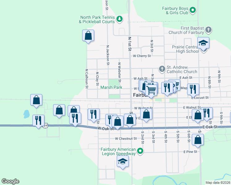 map of restaurants, bars, coffee shops, grocery stores, and more near in Fairbury