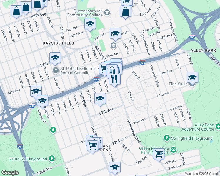 map of restaurants, bars, coffee shops, grocery stores, and more near 61-54 Springfield Boulevard in Queens