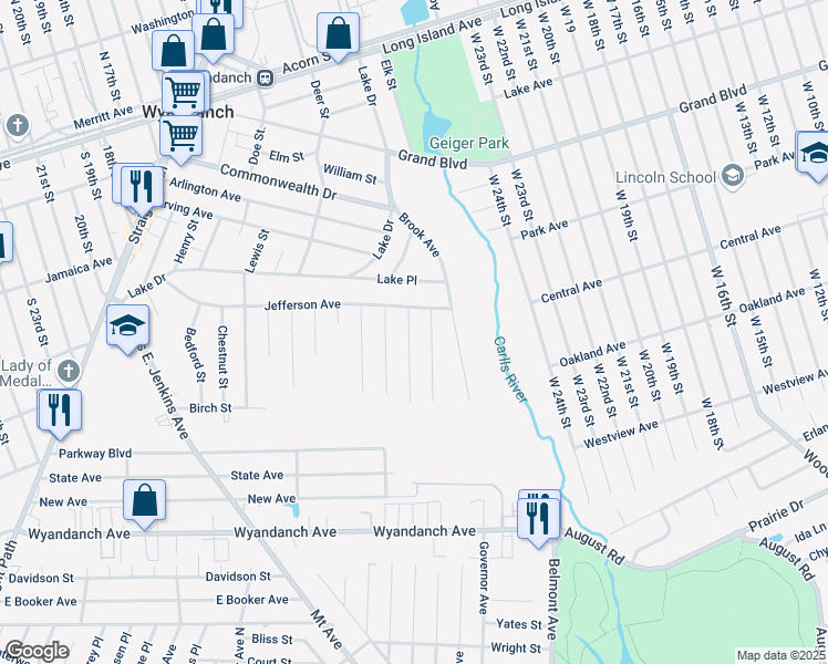 map of restaurants, bars, coffee shops, grocery stores, and more near 11 Beech Street in Wyandanch