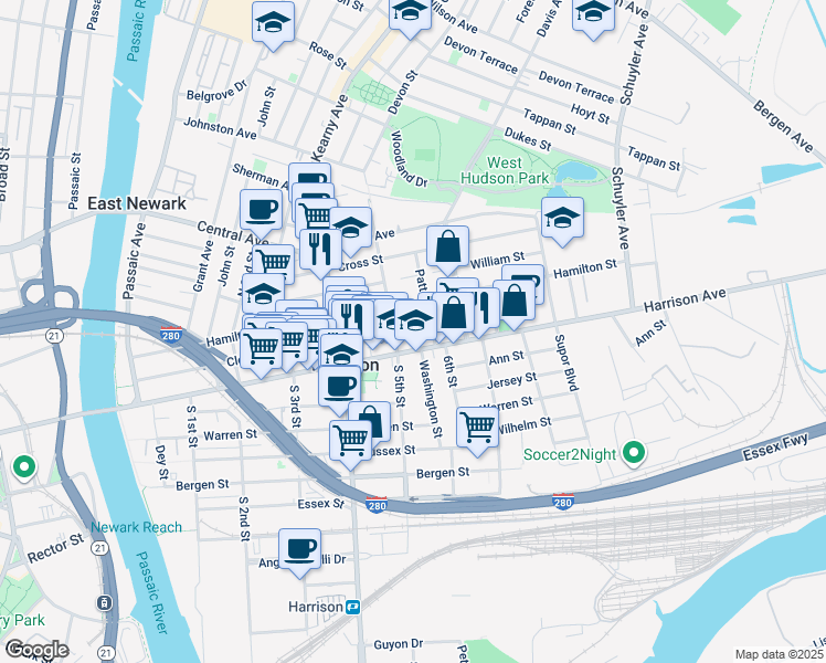map of restaurants, bars, coffee shops, grocery stores, and more near 1 North 5th Street in Harrison