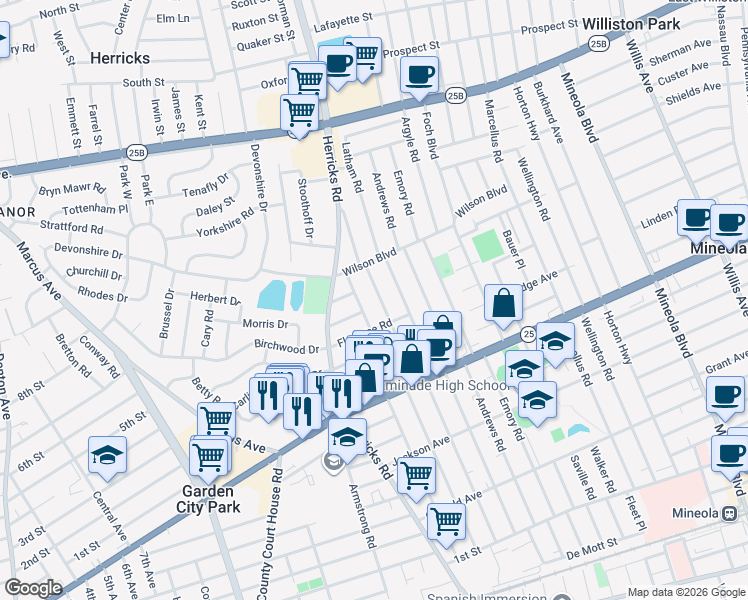 map of restaurants, bars, coffee shops, grocery stores, and more near 363 White Rd in Mineola
