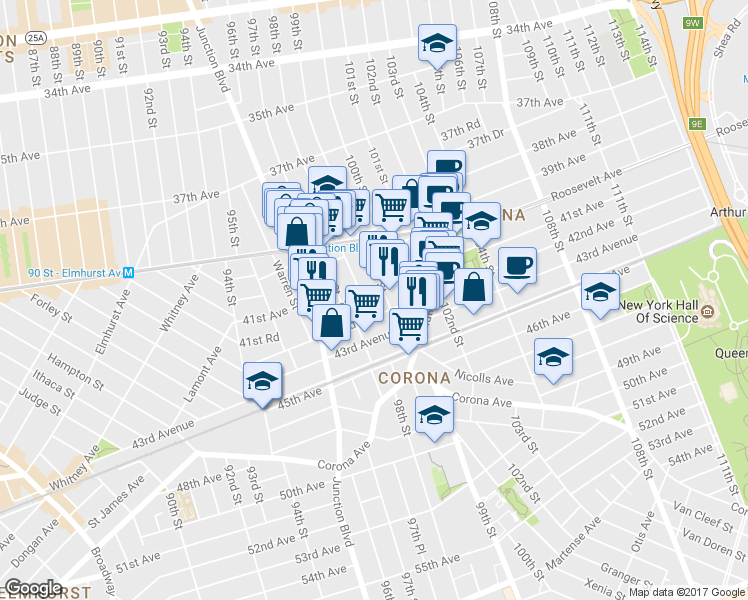 map of restaurants, bars, coffee shops, grocery stores, and more near 98-12 41st Avenue in Queens