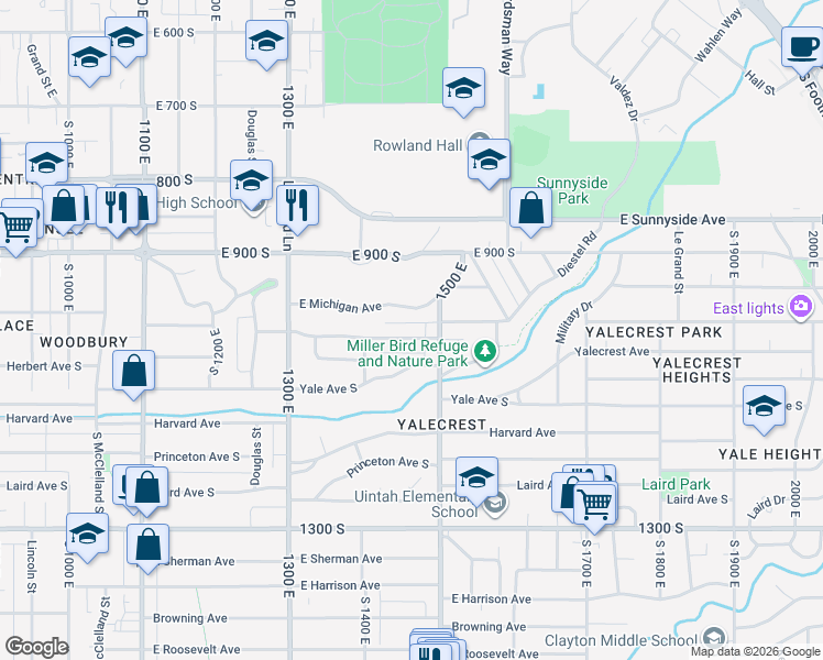 map of restaurants, bars, coffee shops, grocery stores, and more near 1459 East Gilmer Drive in Salt Lake City