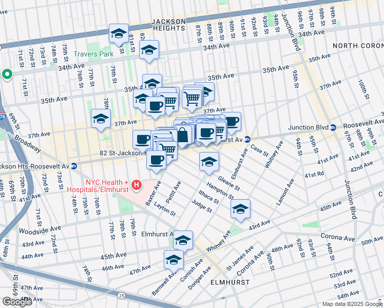 map of restaurants, bars, coffee shops, grocery stores, and more near 85-15 Roosevelt Avenue in Queens