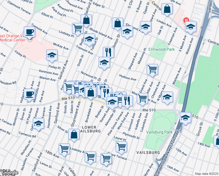 map of restaurants, bars, coffee shops, grocery stores, and more near 53 Sunnyside Terrace in East Orange