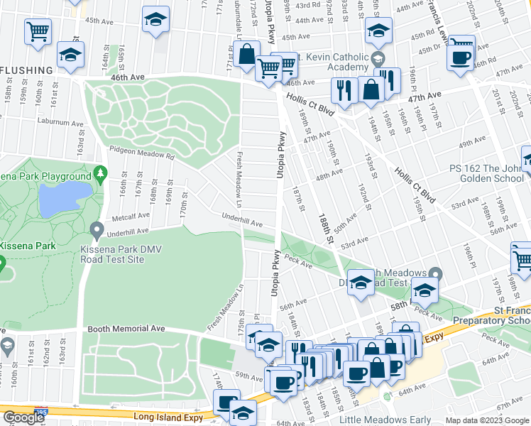 map of restaurants, bars, coffee shops, grocery stores, and more near 174-56 Pidgeon Meadow Road in Queens