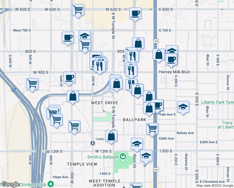 map of restaurants, bars, coffee shops, grocery stores, and more near 987 South West Temple in Salt Lake City