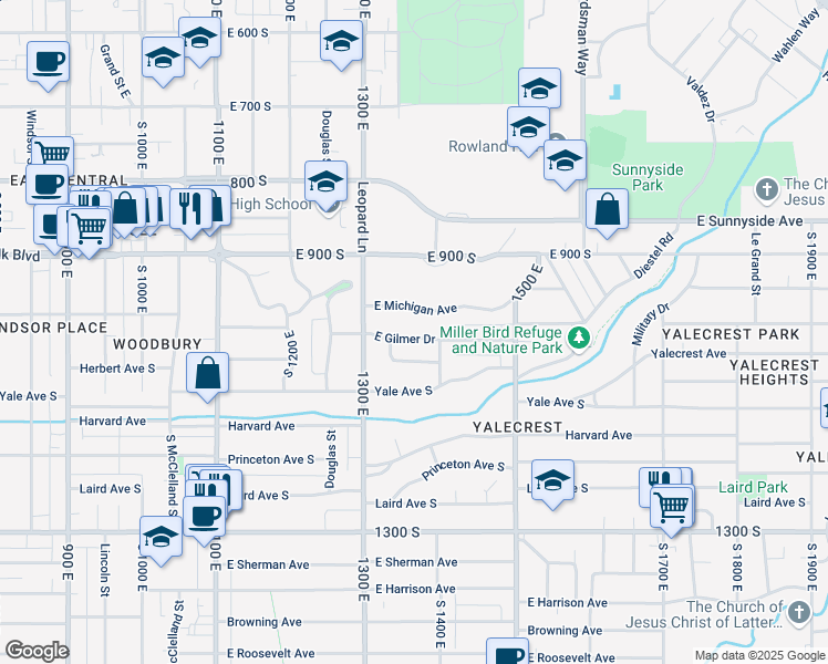 map of restaurants, bars, coffee shops, grocery stores, and more near 1359 East Gilmer Drive in Salt Lake City