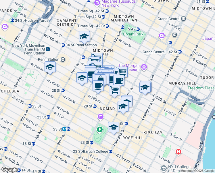 map of restaurants, bars, coffee shops, grocery stores, and more near 1250 Broadway in New York