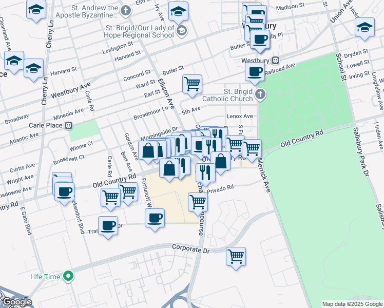 map of restaurants, bars, coffee shops, grocery stores, and more near 5 Ellison Avenue in Westbury
