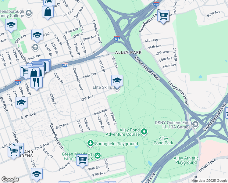 map of restaurants, bars, coffee shops, grocery stores, and more near 231-2 67th Avenue in Queens