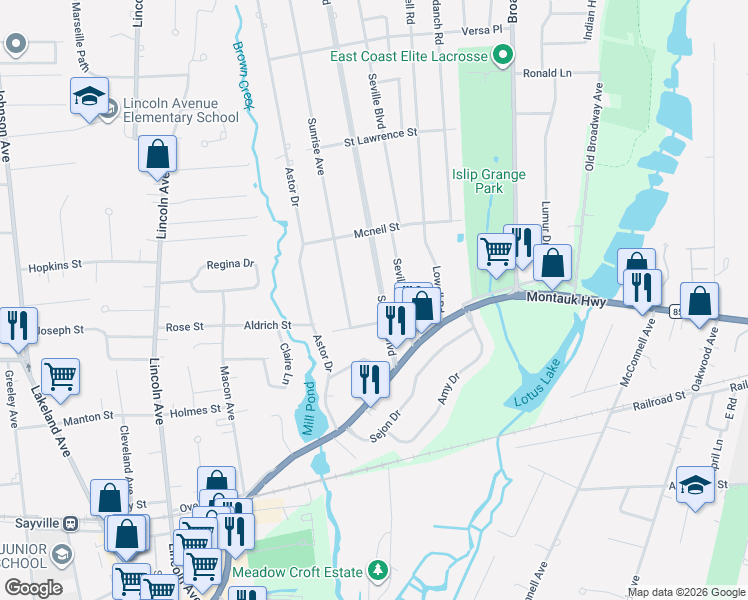 map of restaurants, bars, coffee shops, grocery stores, and more near 120 Sayville Boulevard in Sayville