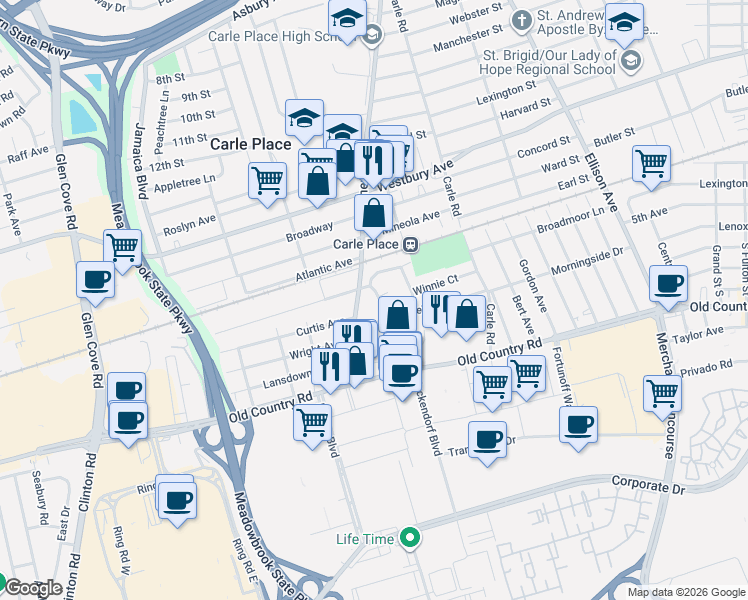 map of restaurants, bars, coffee shops, grocery stores, and more near 8 Garden Avenue in Carle Place