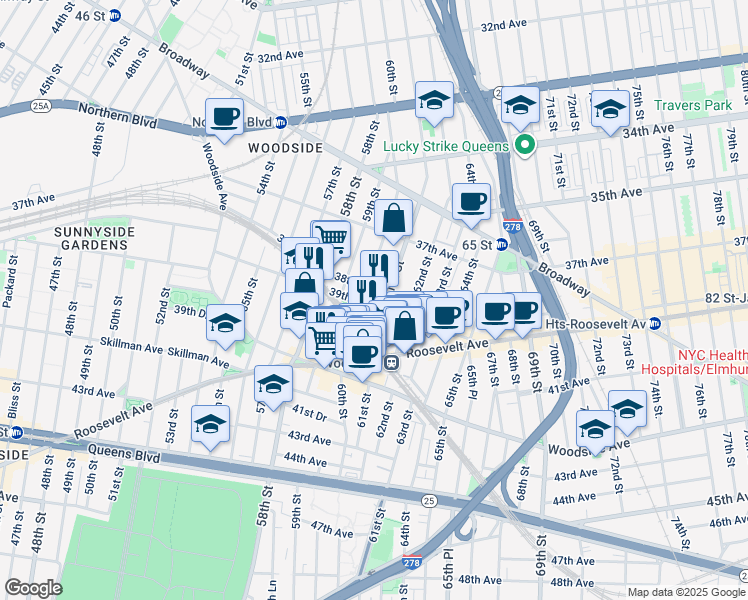 map of restaurants, bars, coffee shops, grocery stores, and more near in Queens