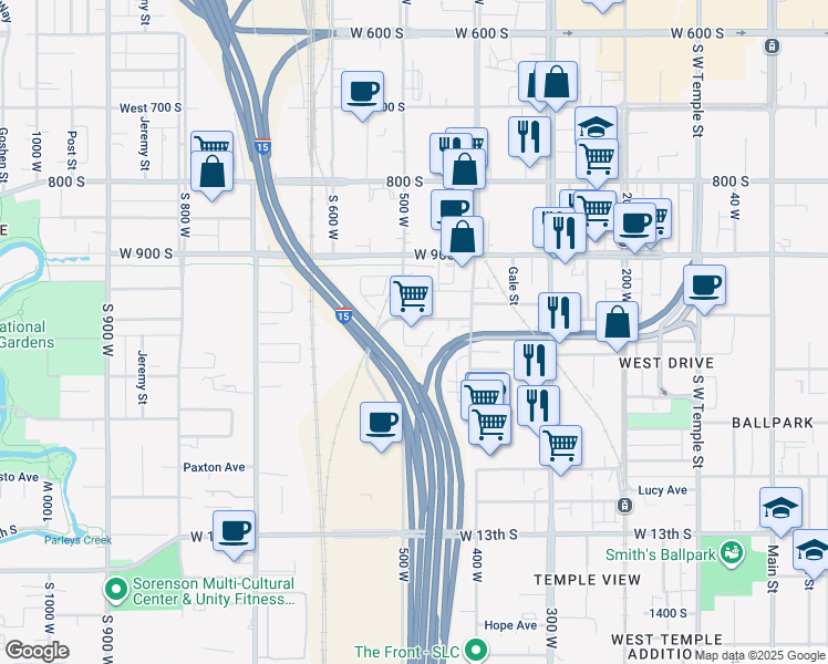 map of restaurants, bars, coffee shops, grocery stores, and more near 455 Fayette Avenue South in Salt Lake City
