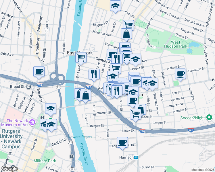 map of restaurants, bars, coffee shops, grocery stores, and more near 206B Hamilton Street in Harrison