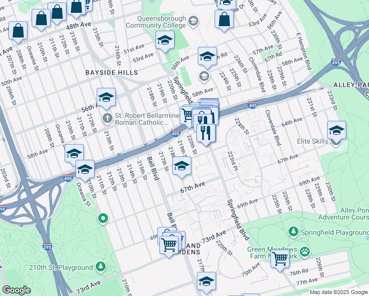 map of restaurants, bars, coffee shops, grocery stores, and more near 61-33 219th Street in Queens