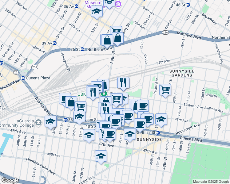 map of restaurants, bars, coffee shops, grocery stores, and more near 3925 Skillman Avenue in Queens