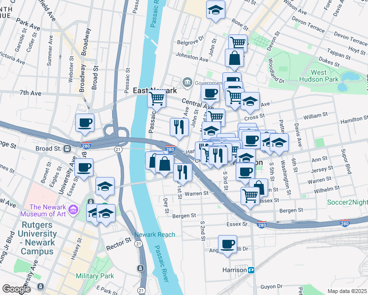 map of restaurants, bars, coffee shops, grocery stores, and more near 206 John Street in East Newark