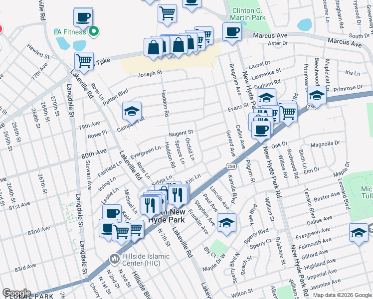 map of restaurants, bars, coffee shops, grocery stores, and more near 35 Orchid Lane in New Hyde Park