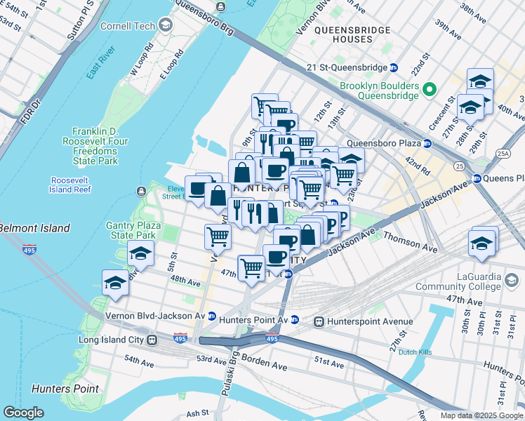 map of restaurants, bars, coffee shops, grocery stores, and more near 45-10 11th Street in Queens