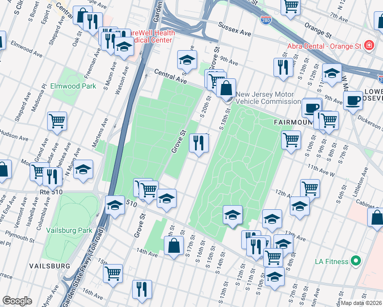map of restaurants, bars, coffee shops, grocery stores, and more near 288 South 19th Street in Newark