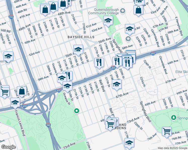 map of restaurants, bars, coffee shops, grocery stores, and more near 215 Horace Harding Expressway in Queens
