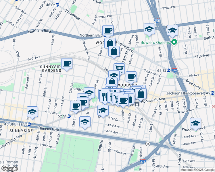 map of restaurants, bars, coffee shops, grocery stores, and more near 39-22 57th Street in Queens