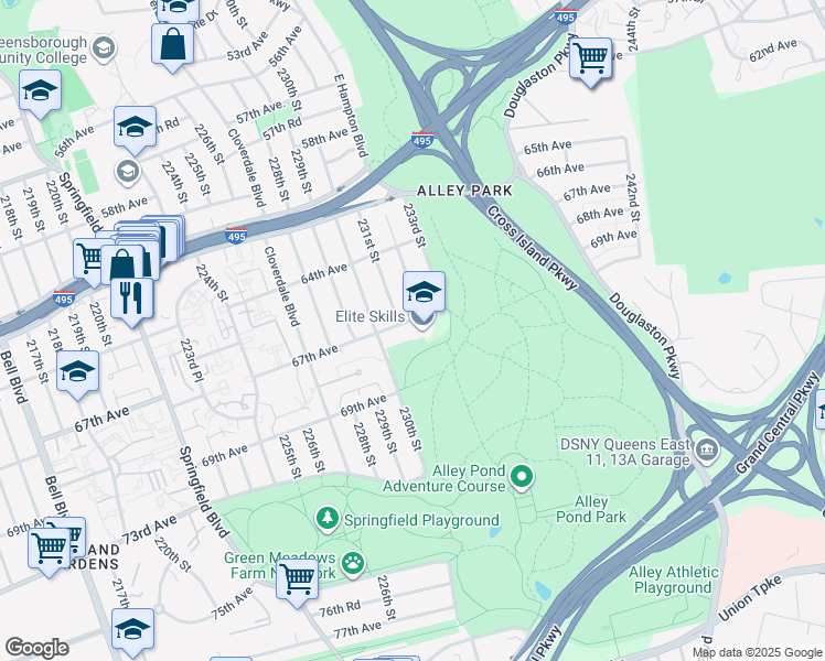 map of restaurants, bars, coffee shops, grocery stores, and more near 231-2 67th Avenue in Queens