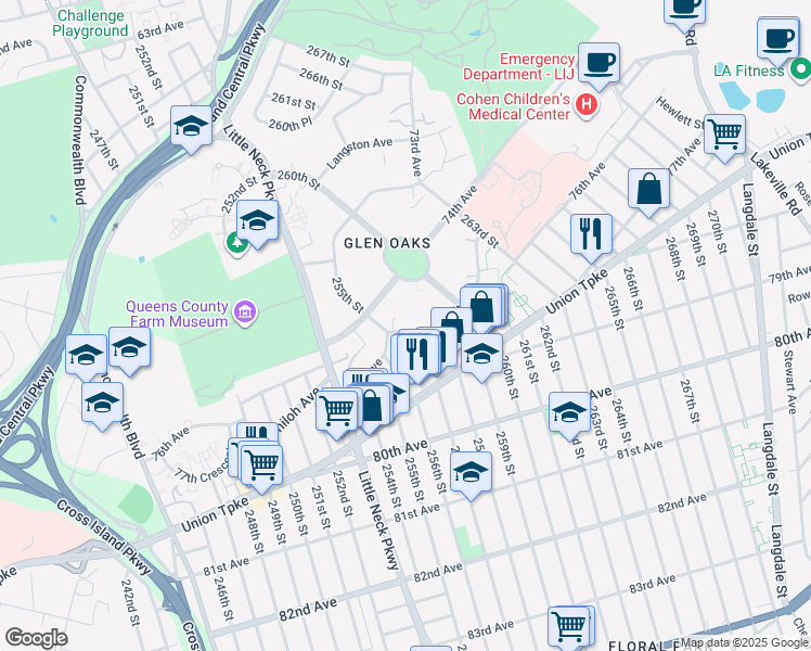 map of restaurants, bars, coffee shops, grocery stores, and more near 255-1 75th Avenue in Queens