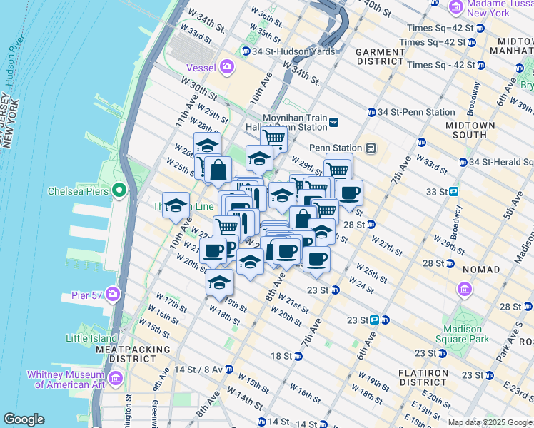 map of restaurants, bars, coffee shops, grocery stores, and more near 365 West 25th Street in New York