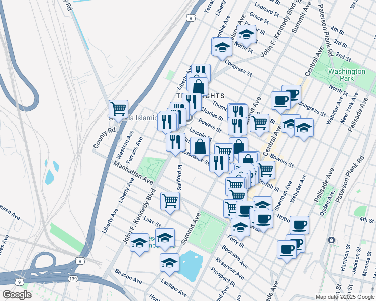 map of restaurants, bars, coffee shops, grocery stores, and more near 124 Zabriskie Street in Jersey City