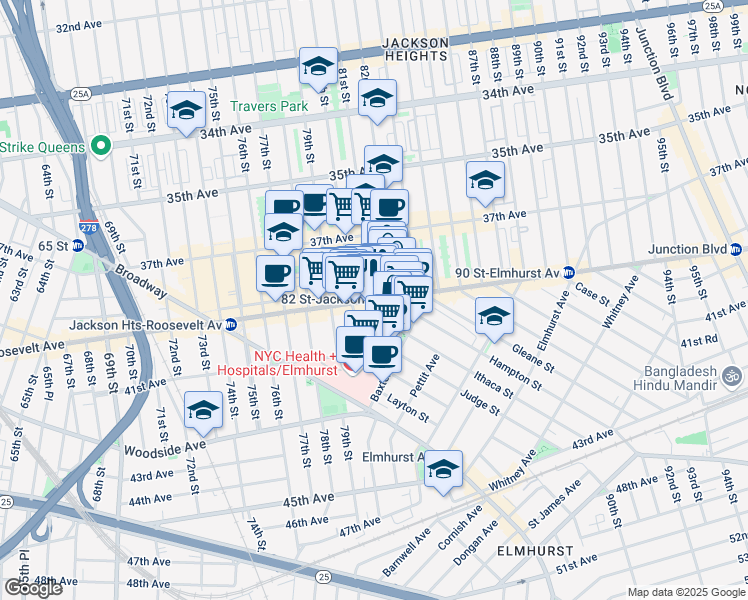 map of restaurants, bars, coffee shops, grocery stores, and more near Roosevelt Ave & 81st St in Queens