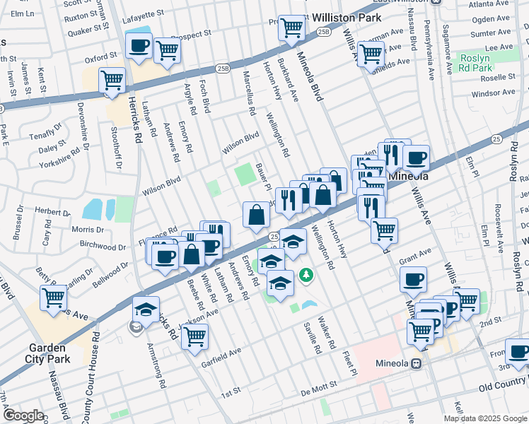 map of restaurants, bars, coffee shops, grocery stores, and more near 314 Saville Road in Mineola