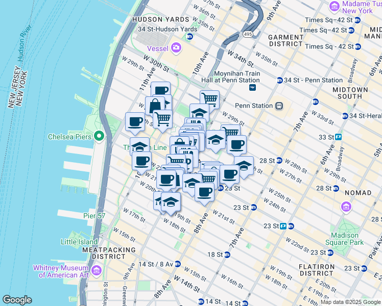map of restaurants, bars, coffee shops, grocery stores, and more near 235 9th Avenue in New York