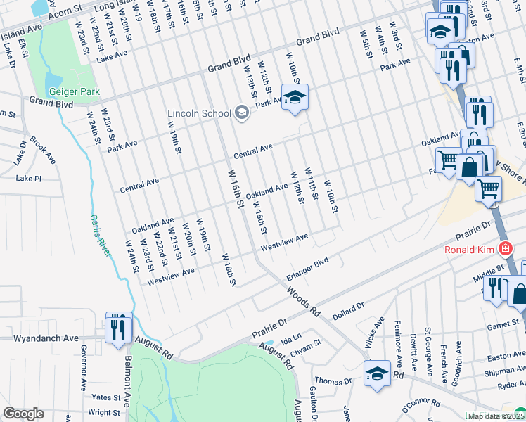 map of restaurants, bars, coffee shops, grocery stores, and more near 295 West 15th Street in Deer Park