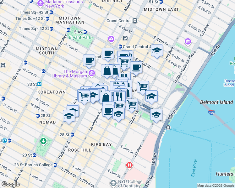 map of restaurants, bars, coffee shops, grocery stores, and more near 136 East 36th Street in New York