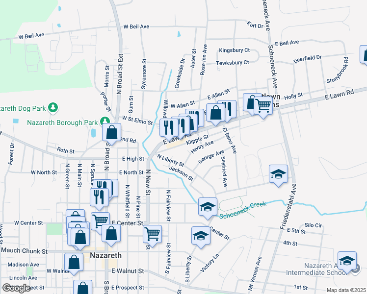 map of restaurants, bars, coffee shops, grocery stores, and more near 31 Henry Ave in Nazareth