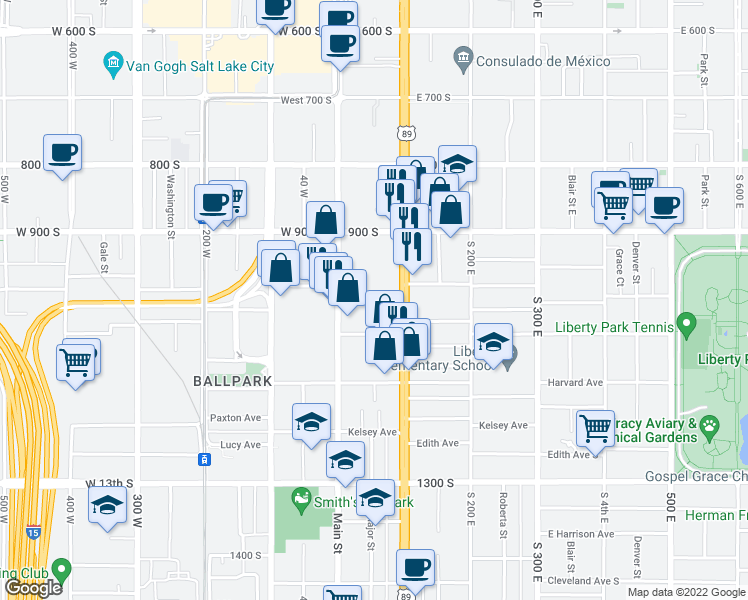 map of restaurants, bars, coffee shops, grocery stores, and more near 1000 State Street in Salt Lake City
