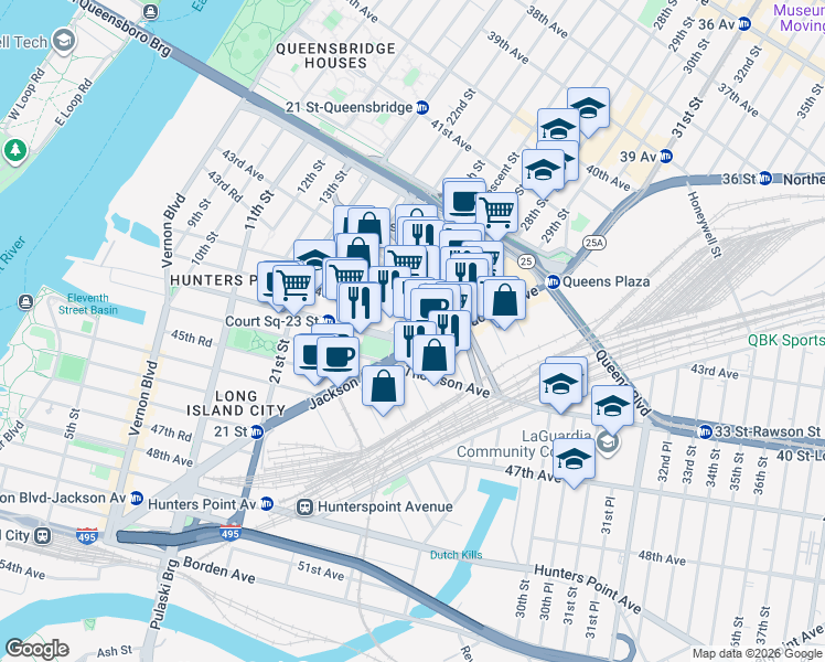 map of restaurants, bars, coffee shops, grocery stores, and more near 43-25 Hunter Street in Queens