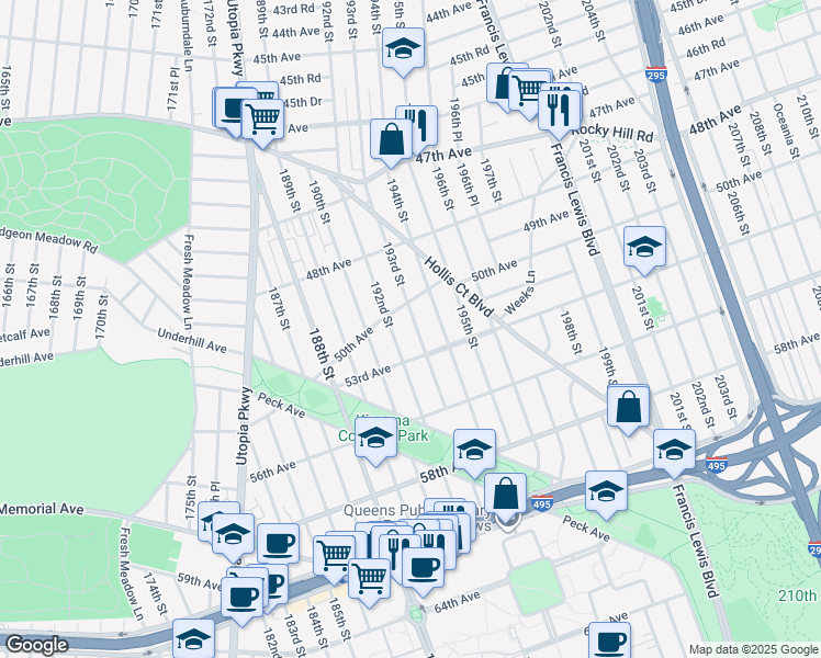 map of restaurants, bars, coffee shops, grocery stores, and more near 50-15 192nd Street in Queens