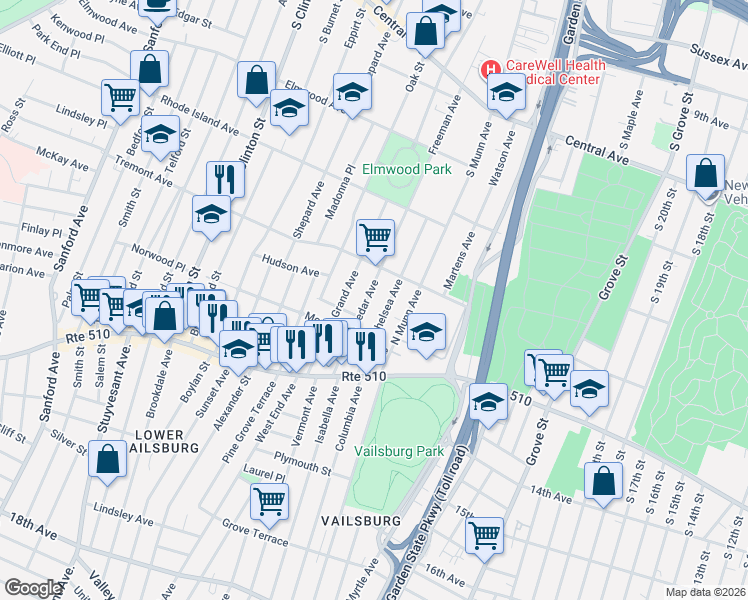 map of restaurants, bars, coffee shops, grocery stores, and more near 78 Cedar Avenue in Newark