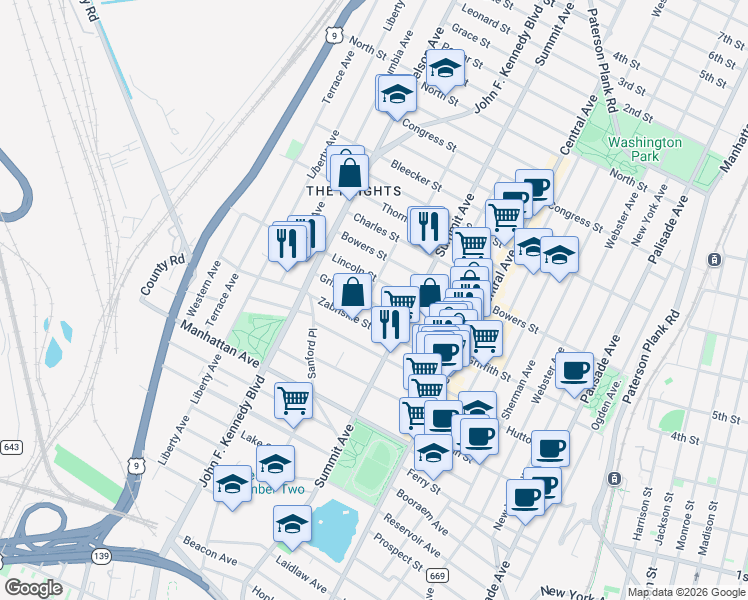 map of restaurants, bars, coffee shops, grocery stores, and more near 247 Griffith Street in Jersey City