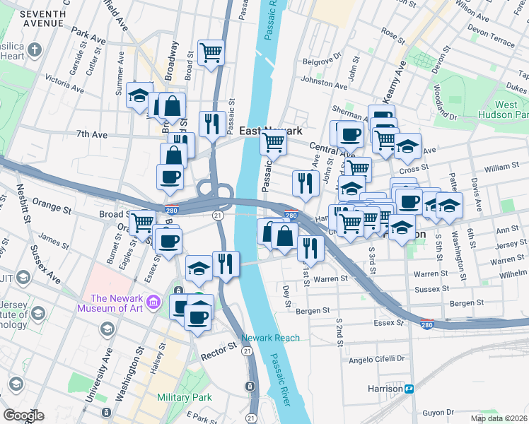 map of restaurants, bars, coffee shops, grocery stores, and more near 560 Passaic Avenue in Harrison