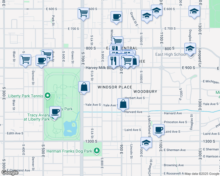 map of restaurants, bars, coffee shops, grocery stores, and more near 998 Windsor Street in Salt Lake City