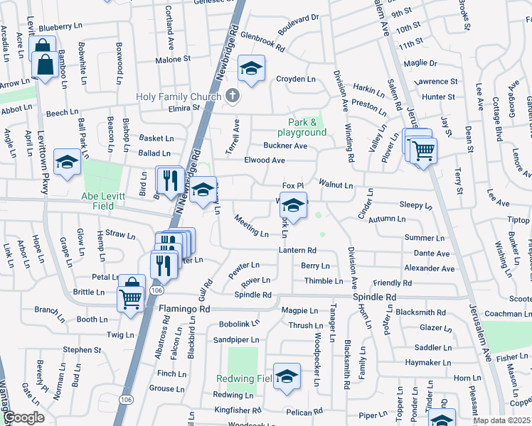 map of restaurants, bars, coffee shops, grocery stores, and more near 10 Barrel Ln in Hicksville