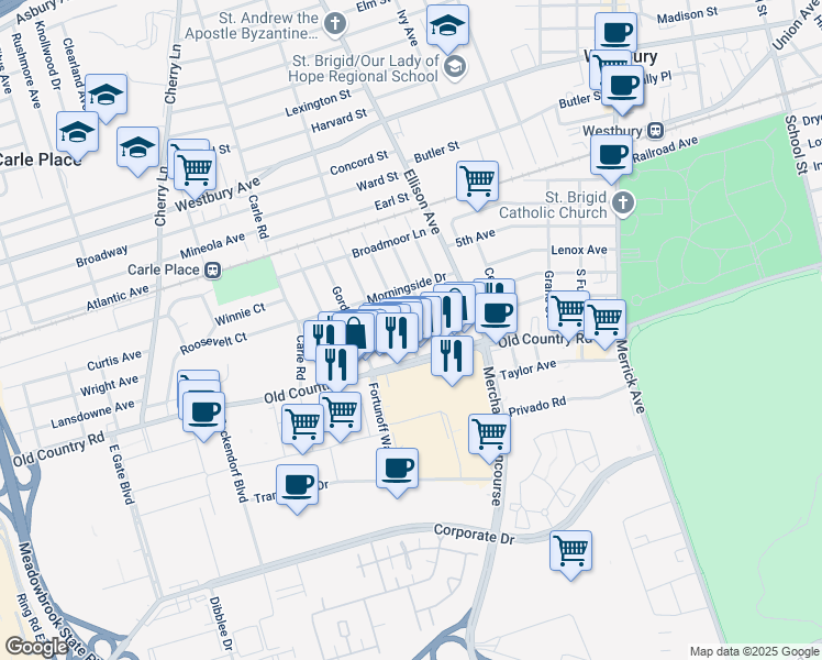 map of restaurants, bars, coffee shops, grocery stores, and more near 20 Evelyn Avenue in Westbury